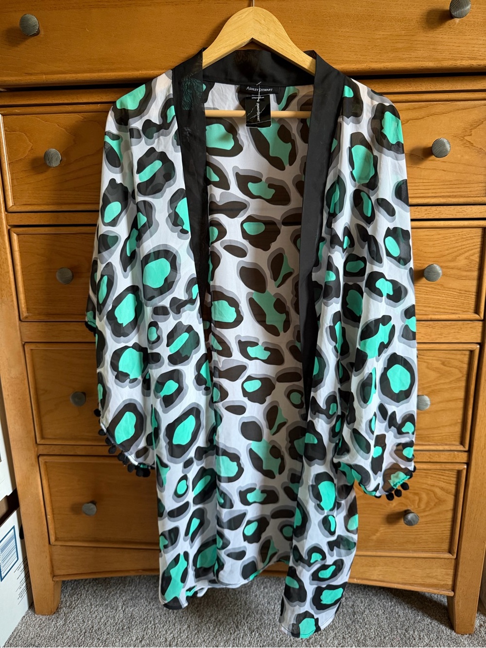 NEW Ashley Stewart Turquoise Black Leopard Silky Kimono Open Cardigan Womens 12